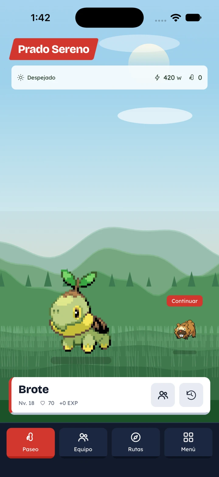 Pantalla de Caminar de VitroWalker con el compañero en su paisaje y el progreso del paseo